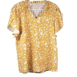 Women's Size Large Chiffon Blouse Yellow Floral Boho V Neck Pleated Cap Sleeve